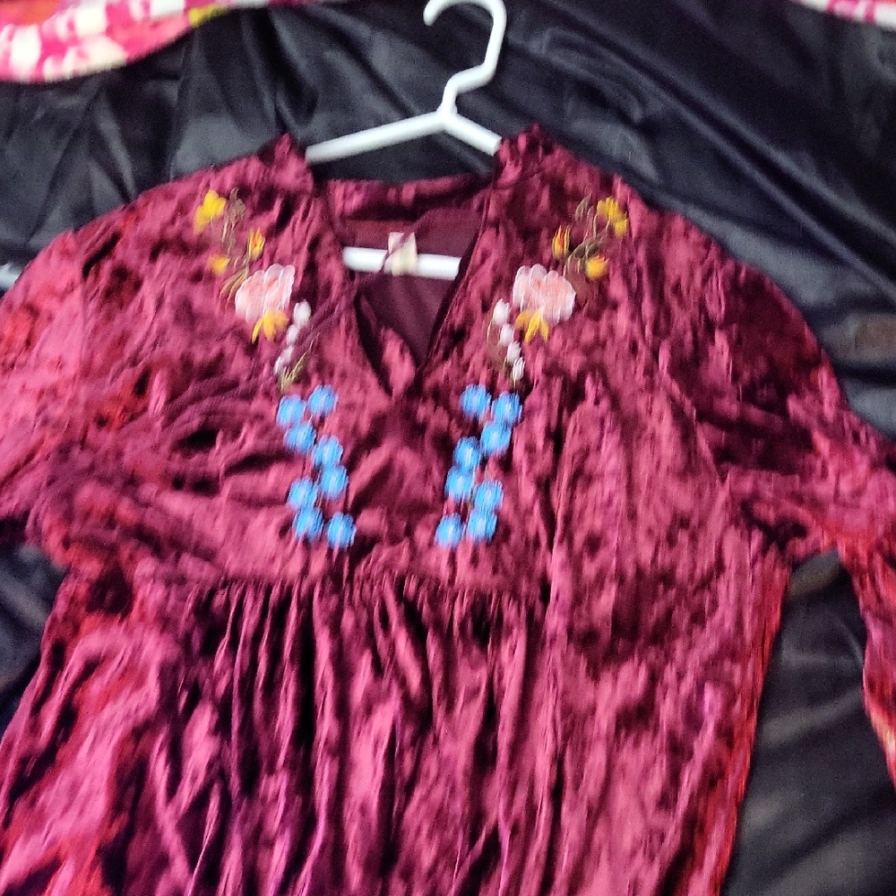 Velvet Floral Embroidered Dress Sz 3xl By roiiii, Gorgeous Burgundy Velvet w Tie